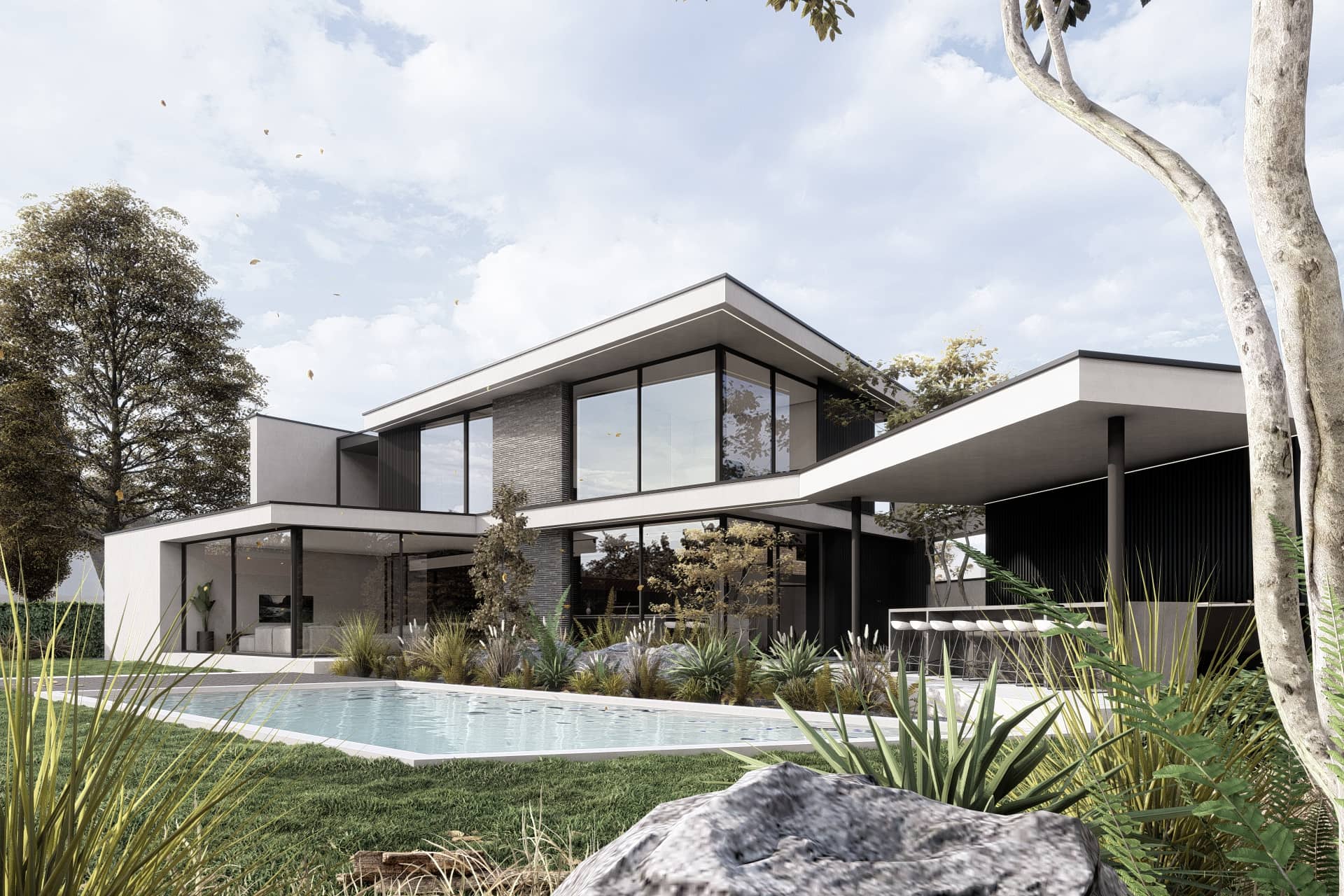 Exterieur van Timber House Beegden – moderne villa met houten kern verpakt in betonnen schil, strakke geometrische volumes, grote glaspartijen en patio, ontworpen door STATE of Architecture