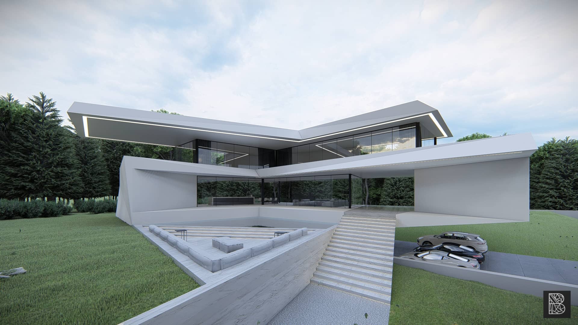 Exterieur van V House Hilversum – moderne villa met V‑vormige structuur, witte stucco en marmeren terras, omlijst door glas en donkere aluminium kozijnen, ontworpen door STATE of Architecture